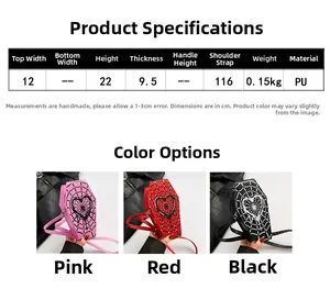 Size chart and details of coffin shaped gothic crossbody bag with heart spiderweb design