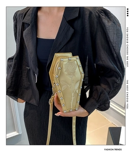 Gothic coffin-shaped crossbody bag featuring rose embroidery and silver stud detailing