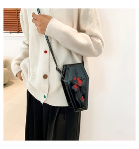 Gothic coffin-shaped PU leather bag with red rose embroidery and cross detail