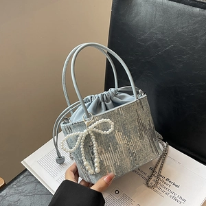 Women Fashion Sequin Denim Bucket Bag With Artificial Pearl Bow Charm Chain Strap Shoulder Crossbody Handbag For Daily Party Dating