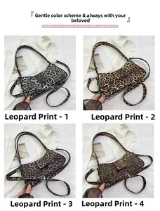 Detailed grid view showcasing four leopard print shoulder bags in various stylish colorways