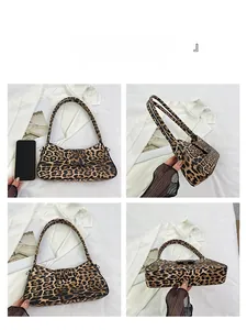 Leopard print underarm bag shown in multiple angles with a sleek faux leather texture