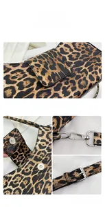 Close-up of leopard print bag texture with silver magnetic clasp and metal hardware