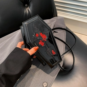 Gothic Coffin Crossbody Bag Novelty PU Leather Shoulder Bag With Cross Rose Embroidery Halloween Party Personality Purse For Women