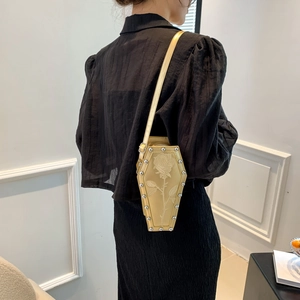 Gothic coffin-shaped champagne gold shoulder bag with rose embroidery and stud accents