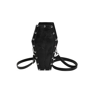 Gothic black coffin crossbody bag with rose embroidery and silver metal studs for women