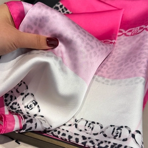 Silk satin leopard print square scarf in fuchsia and white with gold chain patterns