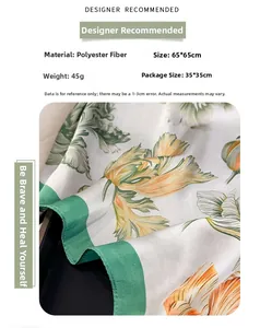 Detailed view of floral silk scarf featuring green and orange botanical prints on polyester