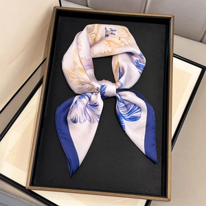 Elegant lavender floral silk scarf with deep blue borders for women sun protection