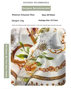 Detailed material and size chart for floral silk scarf with 65x65cm dimension info