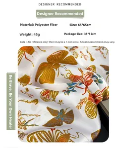 Detail of 65x65cm butterfly print silk scarf with 45g weight and polyester texture