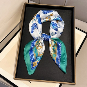 Elegant silk-like square scarf with butterfly print and green border in luxury frame