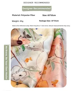 Detail showing polyester floral silk scarf material with dimensions sixty five centimeters