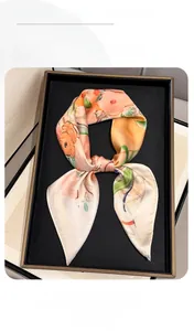 Detail of oil painting floral silk scarf with peach pink flower digital print texture