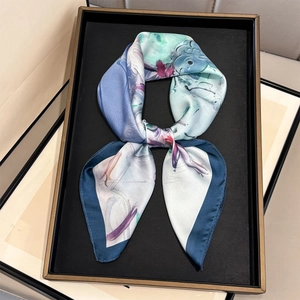 Abstract oil painting style floral silk scarf with elegant satin finish in blue and green