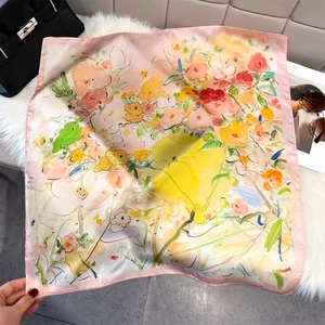 Elegant oil painting floral silk square scarf with vibrant watercolor flower prints