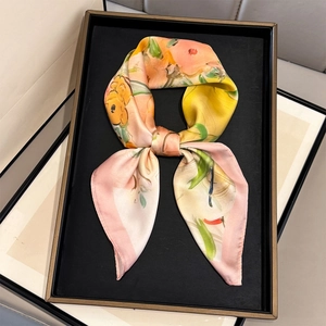 Oil Painting Floral Print Square Scarf Elegant Imitation Satin Neck Head Scarf For Women Office Commute Fashion Accessory