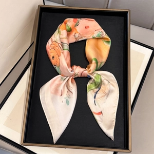Floral oil painting style faux silk square scarf with orange blooms on beige background