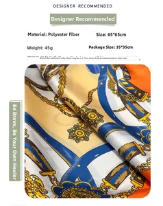 Detail view of polyester silk scarf with retro chain print and vibrant contrast colors