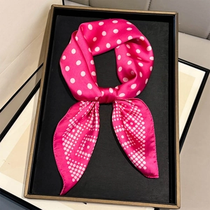Silk-like rose red square scarf with white polka dots and geometric H pattern