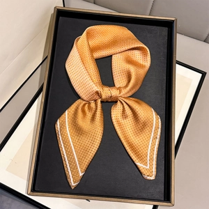 Orange gradient satin square scarf with fine floral patterns and white stitched edges