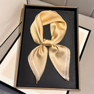 Elegant champagne satin square scarf with fine gradient dot pattern and white border trim