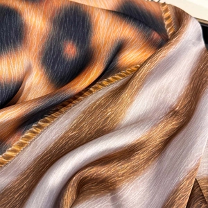 Close-up of leopard print silk scarf showing glossy fabric texture and leopard pattern