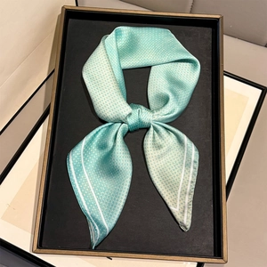 Gradient mint green satin silk scarf with delicate polka dots and white border trim