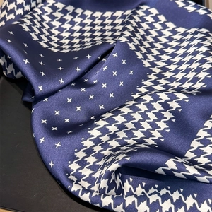Blue and white houndstooth pattern silk scarf with star prints for spring fashion