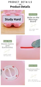Pink cartoon animal piggy bank showing writing board, coin slot and base details