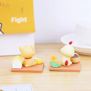 Detail of forest animal desktop ornaments featuring cute shiba inu and chick resin figures