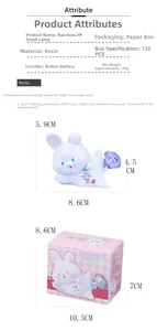 Detailed size specifications for the rainbow rabbit night light and its packaging box