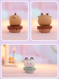 Detailed views of cute deer and panda tumbler ornaments on soft pastel background