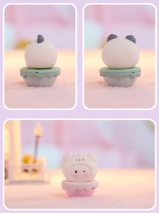 Multiple views of cute panda and animal figurines on cupcake bases for desk decor