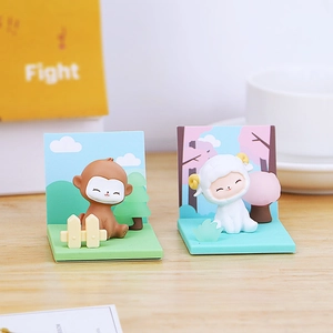 Cute resin monkey and sheep miniature figurines on decorative forest themed bases