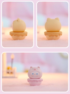 Multiple views showing cute animal tumbler desk ornament in pink and yellow hoodies