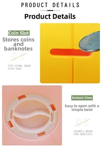 Detail of piggy bank with top coin slot and bottom twist-lock opening for easy access