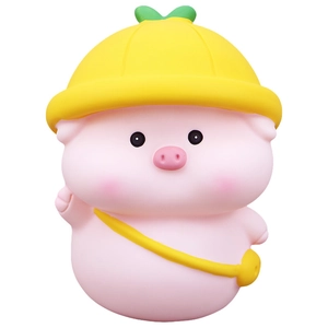 Pink pig piggy bank with yellow hat and bag, cute cartoon money box for kids gift
