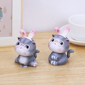 Cute gray resin cat figurines with bunny ears and pink glasses for desktop or car decor