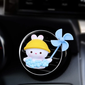 Détail du clip lapin pour aération de voiture avec moulin bleu et chapeau jaune