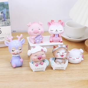 Figurines Animaux Mignons Mini Statues Résine Décoration Bureau Voiture Ornements Dessin Animé Cochon Chat Cerf Tête Oscillante Cadeau