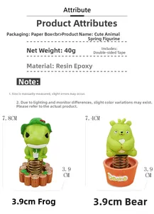 Detail view of resin frog and bear spring ornaments with precise size measurements