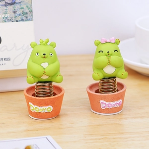 Cute green bear spring car dashboard ornaments on orange potted base pair set