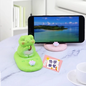 Cute frog lotus leaf phone stand desktop ornament with handmade resin carving texture