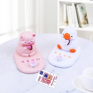 Cute zen cartoon pig and duck desk figurines with lotus base for home and office decor