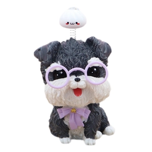 Figura decorativa de perro Schnauzer con gafas moradas y emoji de resorte animado