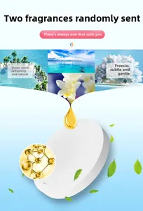 Detail of round air freshener tablets showing Ocean and Freesia scent variations