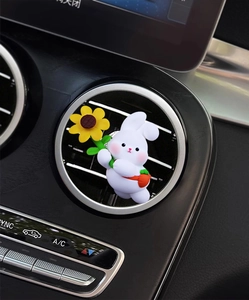 Close-up of cute white rabbit car vent clip holding a yellow sunflower accessory