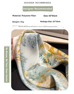 Detail of 65x65cm floral print polyester scarf showing fabric texture and green patterns