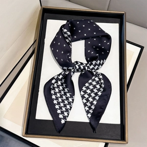 Elegant houndstooth and star pattern silk scarf for women in minimalist black and white